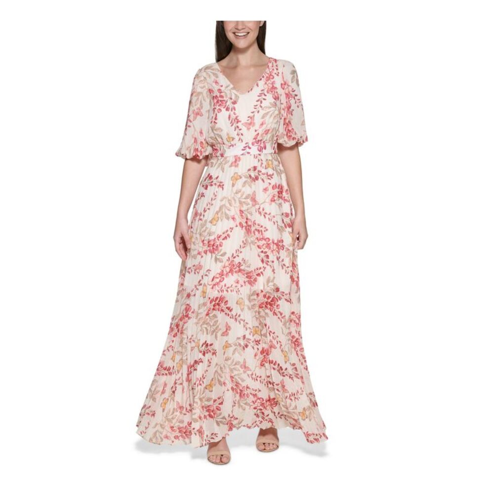 KENSIE DRESSES Womens Pink Elastic Waist Puff Sleeves Elbow Sleeve Maxi Dress 6